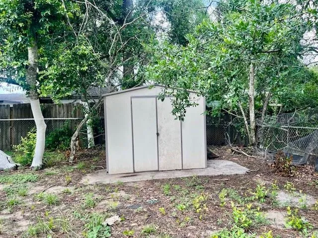 a backyard of a house with plants and large tree