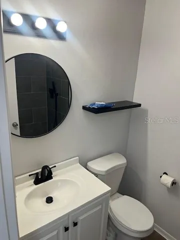 a bathroom with a sink a toilet and mirror