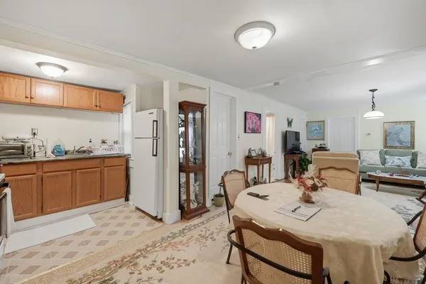 a view of a dining room with furniture