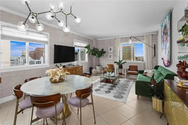 a view of a dining room with furniture
