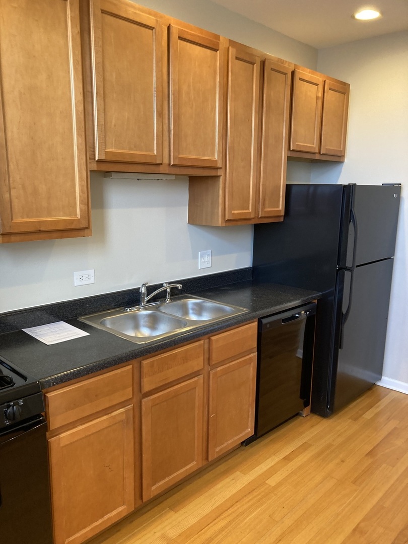 4042 South Calumet Avenue, Unit 3S Chicago, IL 60653 - Photo 5 of 11 a kitchen with granite countertop cabinets sink and wooden floor