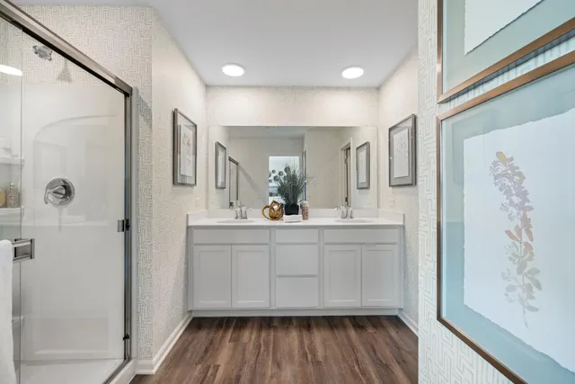 a bathroom with a sink mirror and shower