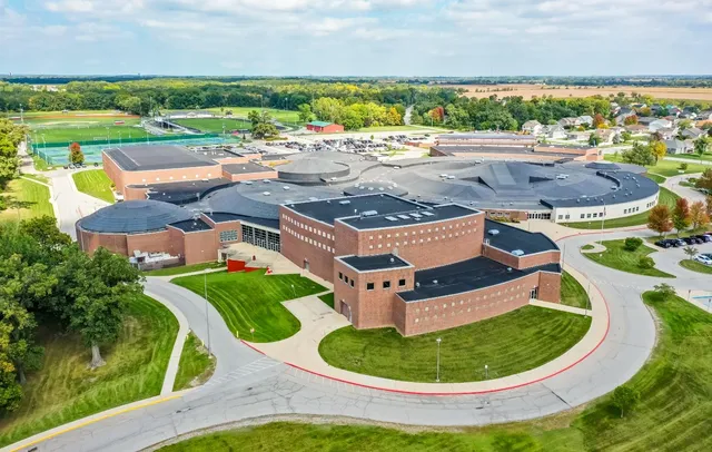 an aerial view of a house with outdoor space