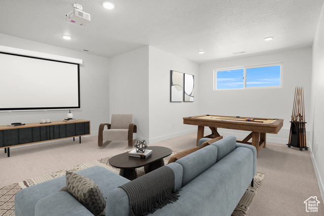 1631 West Century Lane, Unit B Mapleton, UT 84664 - Photo 4 of 33 Cinema room featuring light carpet, a textured ceiling, billiards, and recessed lighting (vr staging)