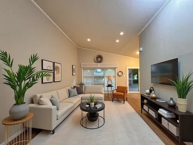 a living room with furniture potted plant and a flat screen tv