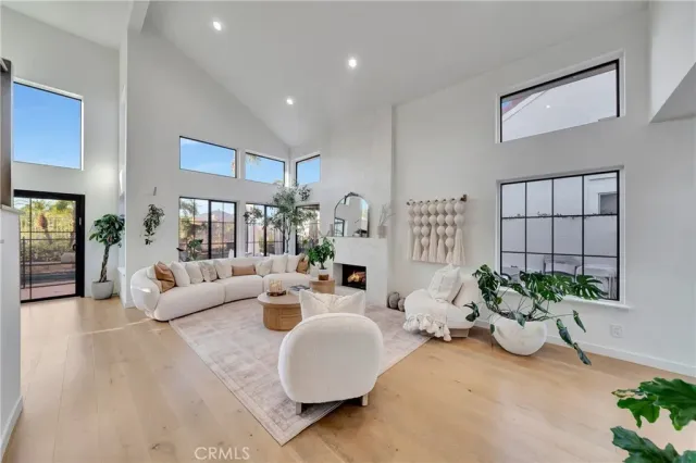 a living room with furniture potted plant and a mirror