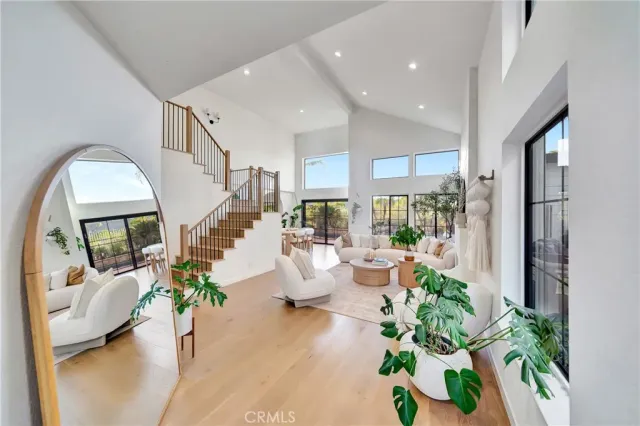 a dining room with furniture a potted plant and a floor to ceiling window