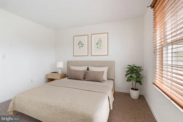 a bedroom with a large bed and a potted plant