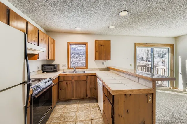a kitchen with a refrigerator sink and stove