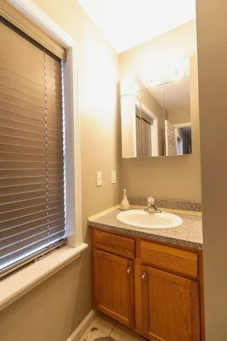a bathroom with a sink and a mirror