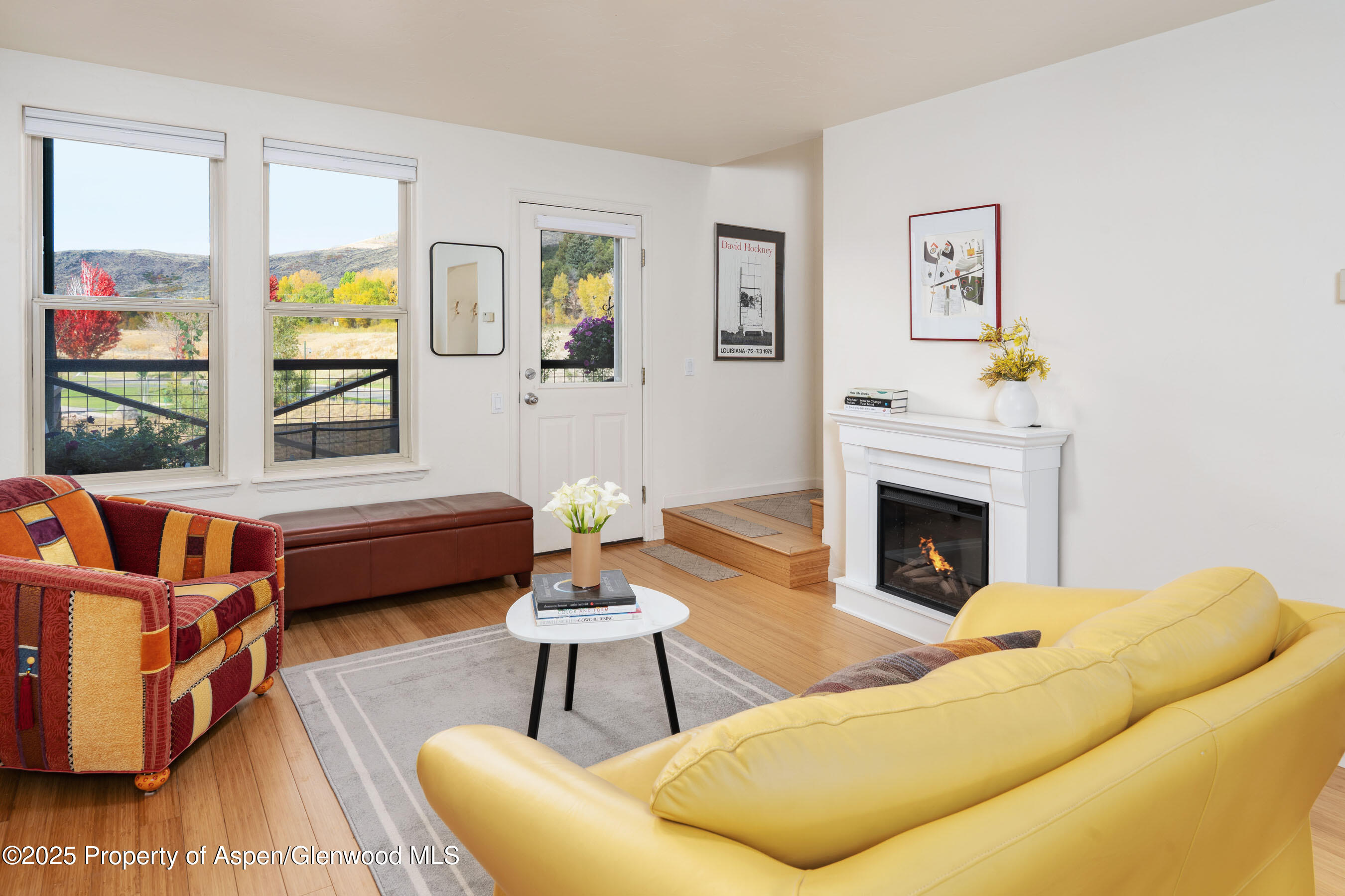 a living room with furniture a rug and a fireplace