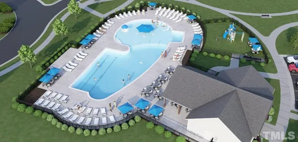 a view of an outside dining space with furniture