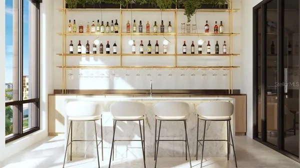 a kitchen with a lot of shelves and a refrigerator