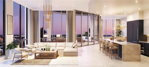 a living room with furniture a large window and a flat screen tv