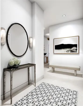 a living room with a table and a mirror