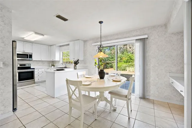 a view of a dining room with furniture window and outside view