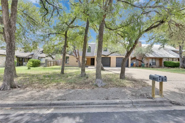 a view of a yard with plants and trees