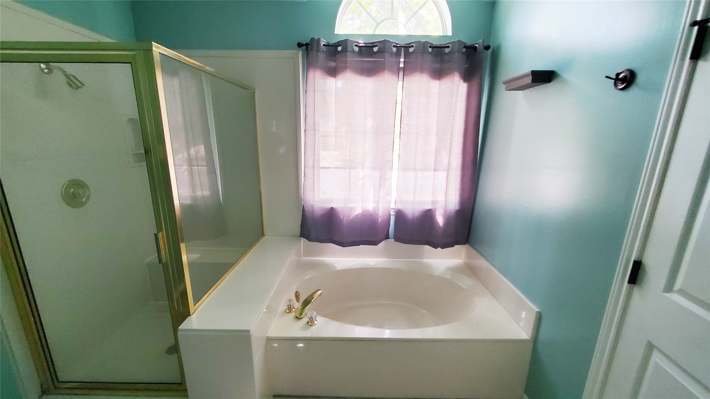 201 Rio Vista Drive Georgetown, TX 78626 - Photo 13 of 26 A deep soaking tub sits beneath a graceful arched window, offering a serene escape next to a glass-enclosed shower.