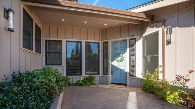 a front view of a house with a plants and glass door