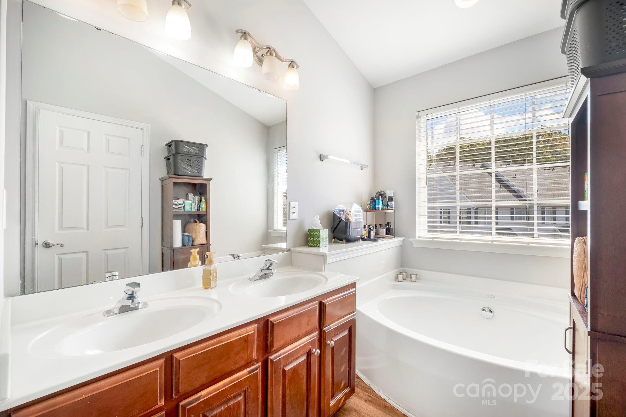 9919 Treeside Lane Matthews, NC 28105 - Photo 9 of 16 a bathroom with a tub a sink and a large mirror