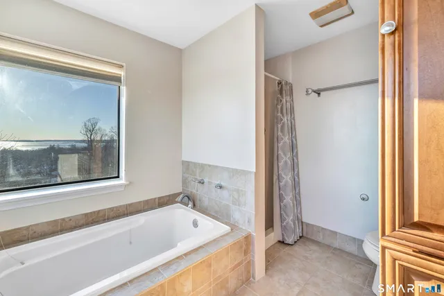 a bathroom with a tub and a shower