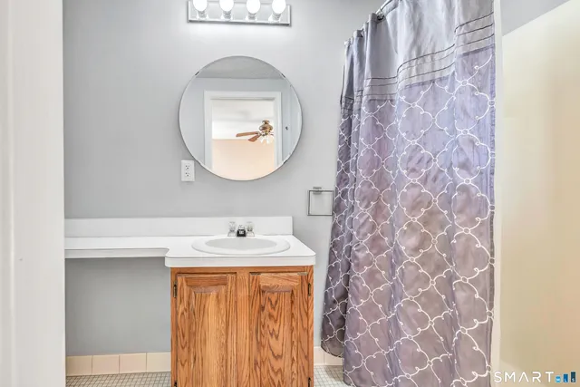 a bathroom with a sink and a mirror