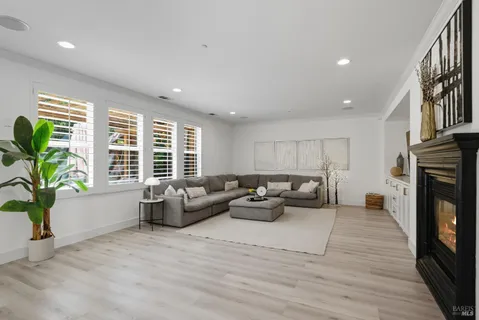 a view of a building with sitting area