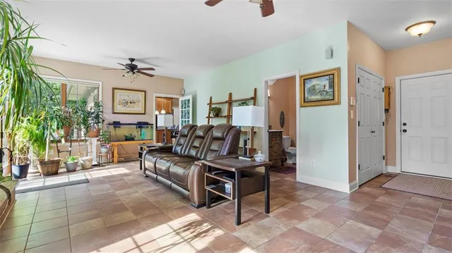 a living room with furniture and a potted plant