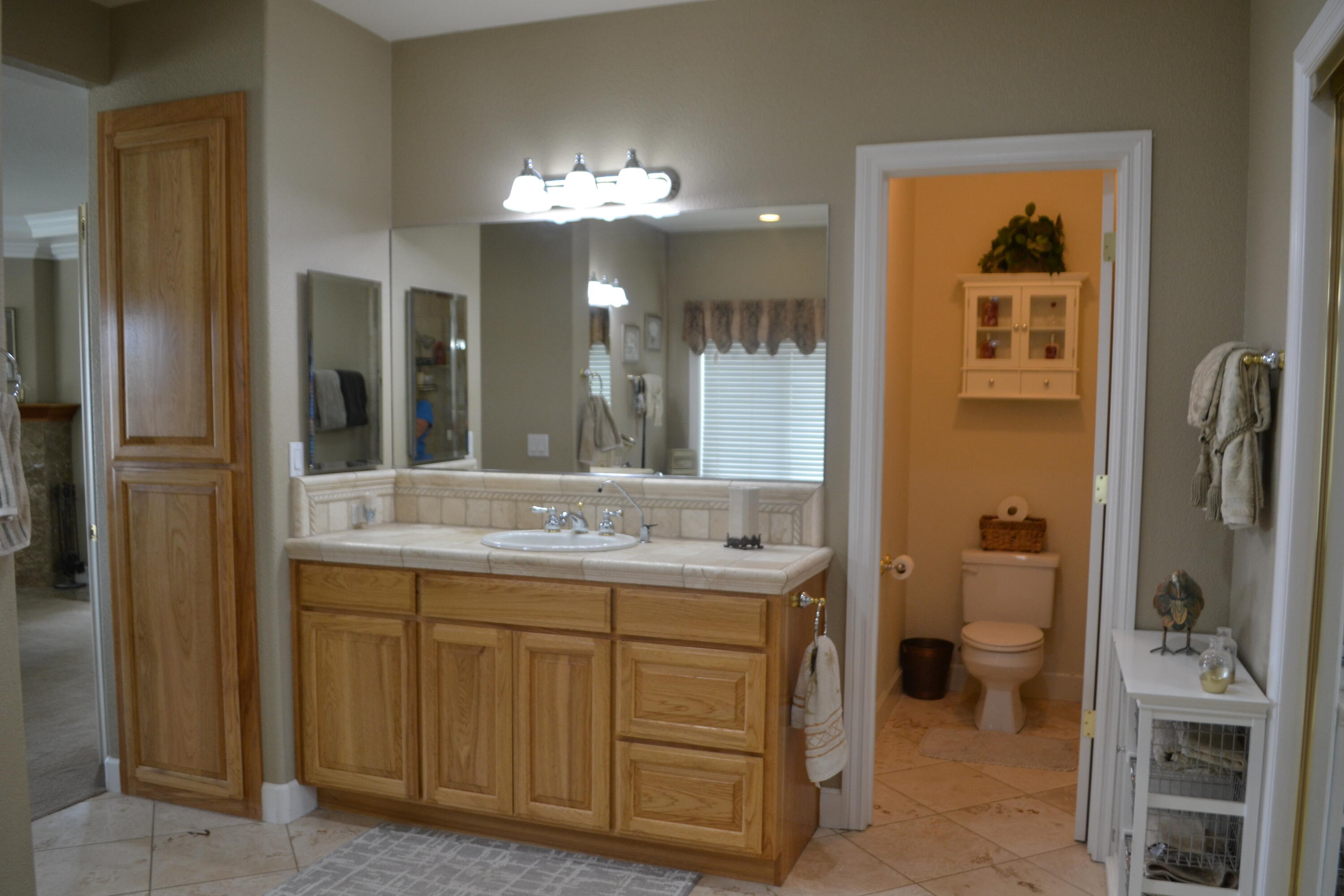 480-100 Belfast Road Litchfield, CA 96117 - Photo 38 of 100 a bathroom with a granite countertop sink a toilet and a large mirror