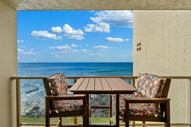 a view of a balcony with furniture and a potted plant