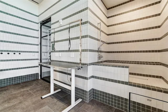 a view of a room with racks on the wall