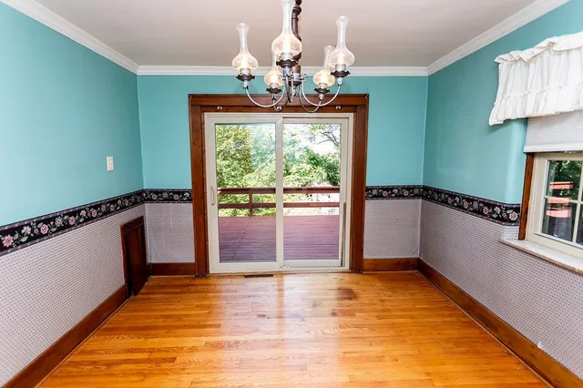 a view of a chandelier in a room
