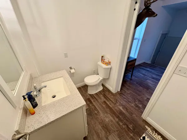 a bathroom with a sink and mirror with toilet