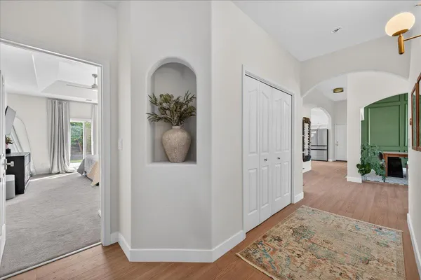 an aerial view of a house with a garden