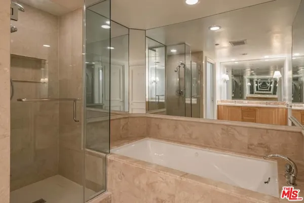 a bathroom with a bathtub and a shower