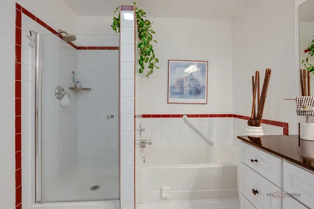 a bathroom with a shower and a sink