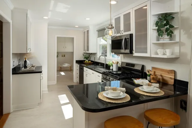 a living room with furniture and a potted plant