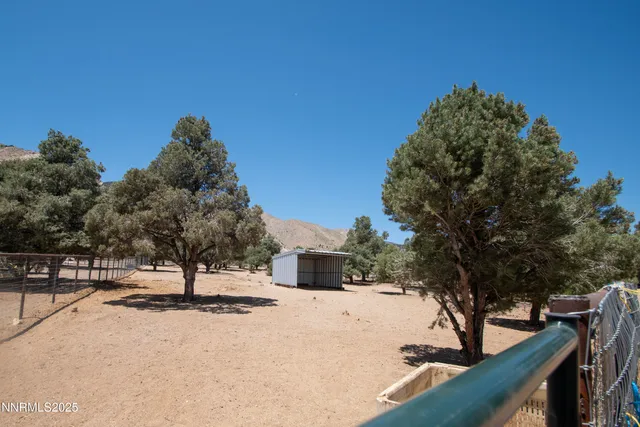 a view of a snow with trees in the background