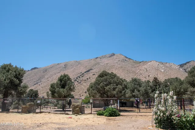 a view of a backyard with a mountain