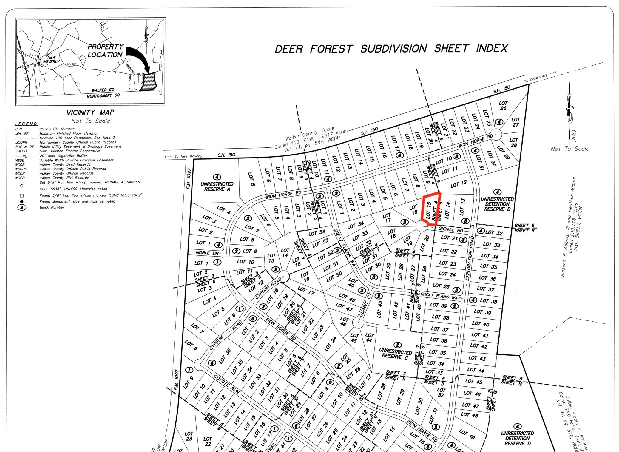 122 Signal Road Willis, TX 77378 - Photo 3 of 8 A detailed plat map of the Deer Forest subdivision, with Lot 15 outlined. This map provides an overview of the lot sizes, road layout, and community design