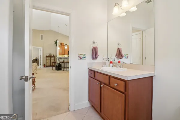 a bathroom with a sink vanity and a mirror