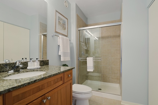 807 Davis Street, Unit 1504 Evanston, IL 60201 - Photo 12 of 14 a bathroom with a granite countertop sink a toilet a mirror a vanity and shower