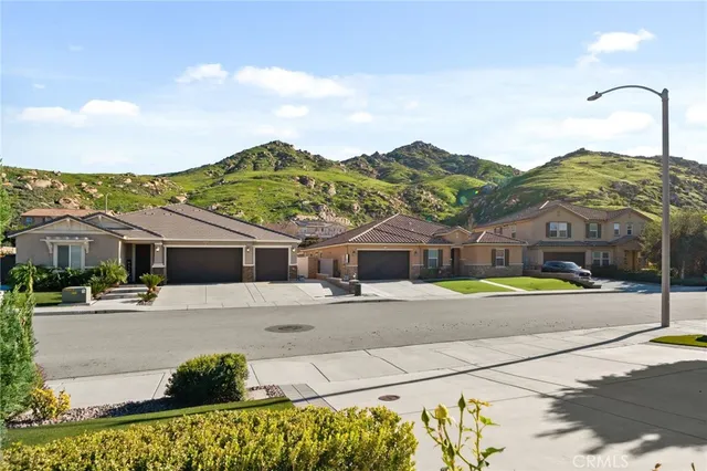 a front view of a house with a yard and potted plants