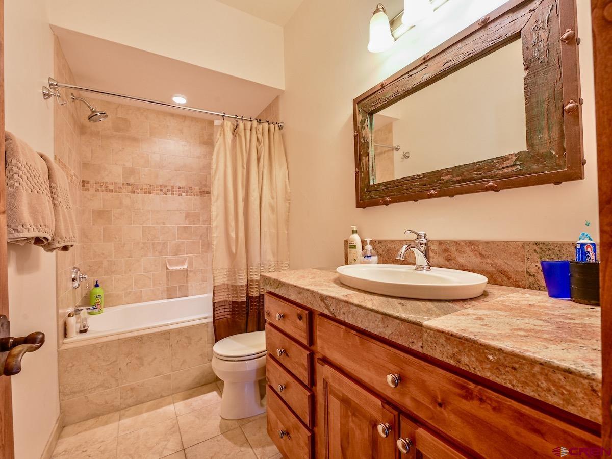 930 Gothic Road Crested Butte, CO 81225 - Photo 22 of 35 a bathroom with a granite countertop sink a toilet a mirror and shower