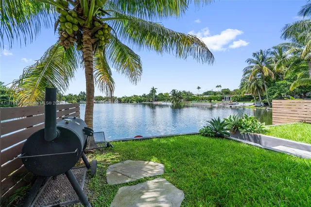 a view of a lake with a yard and a palm tree