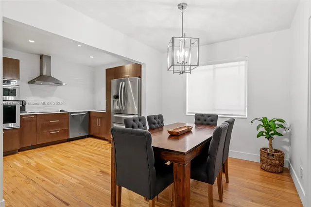 a view of a dining room with furniture wooden floor and chandelier