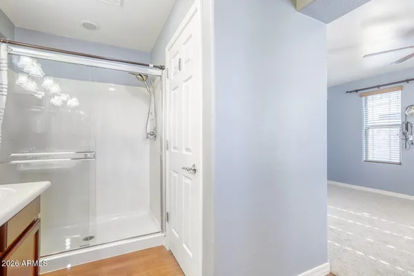 a bathroom with a sink a shower and a mirror