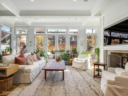 a living room with furniture potted plant and a fireplace