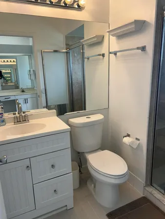 a bathroom with a sink a mirror a toilet and shower