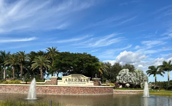 a view of a water with palm trees